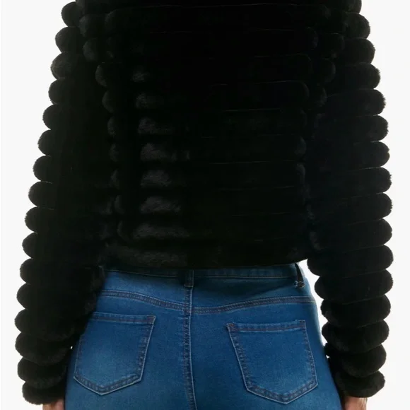 Nina Leonard Elegant Black Faux Fur Jacket - Picture 4 of 4